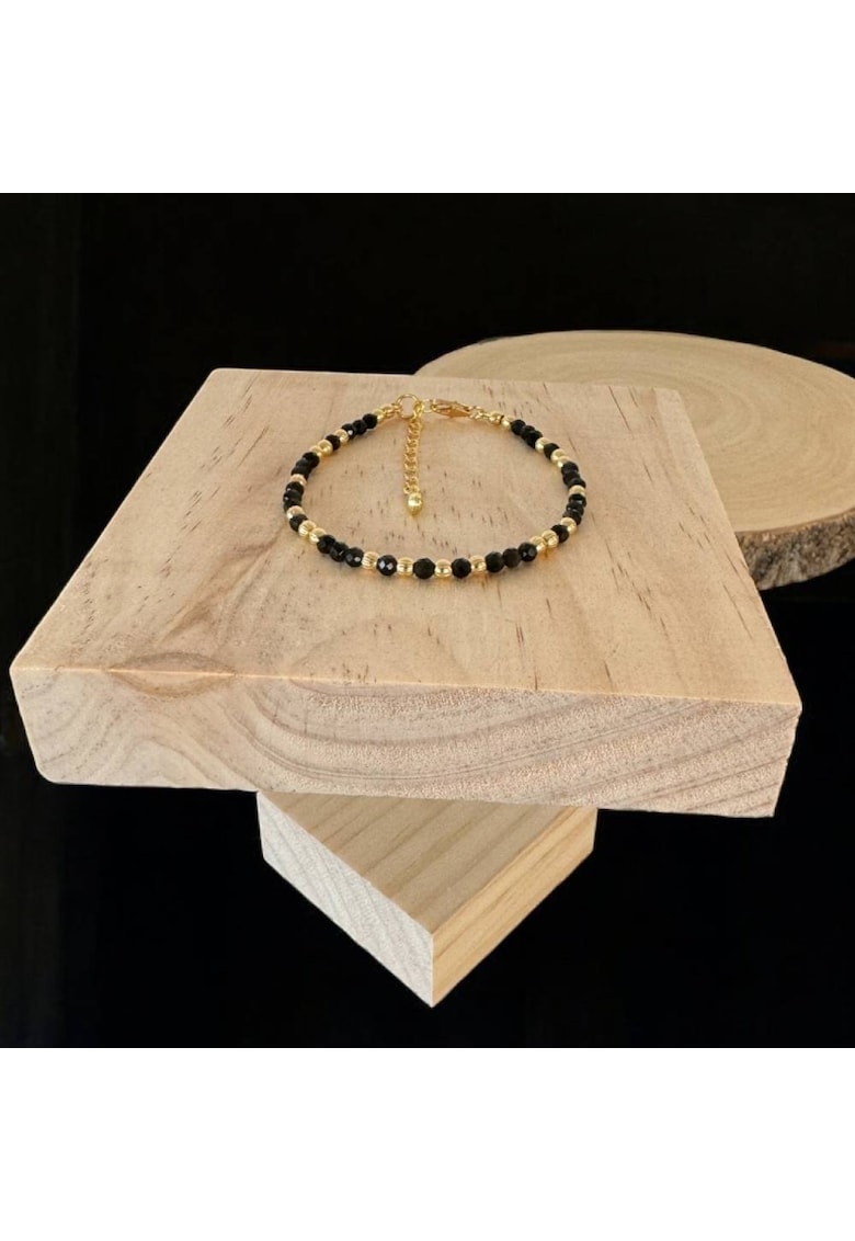 Bratara dama handmade din Obsidian Amina cu bilute din argint placat cu aur - 16.5+3.5 cm