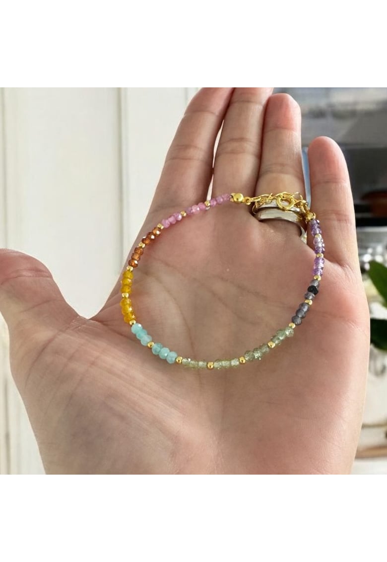 Bratara femei delicata multicolora Evette din cristale naturale cu argint placat cu aur - 16.5+3.5 cm