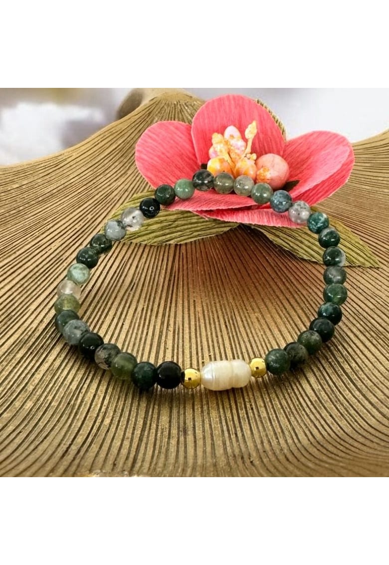 Bratara dama Samanta cu cristale Moss Agate cu Perla si accesorii din argint placat cu aur - 17-18 cm