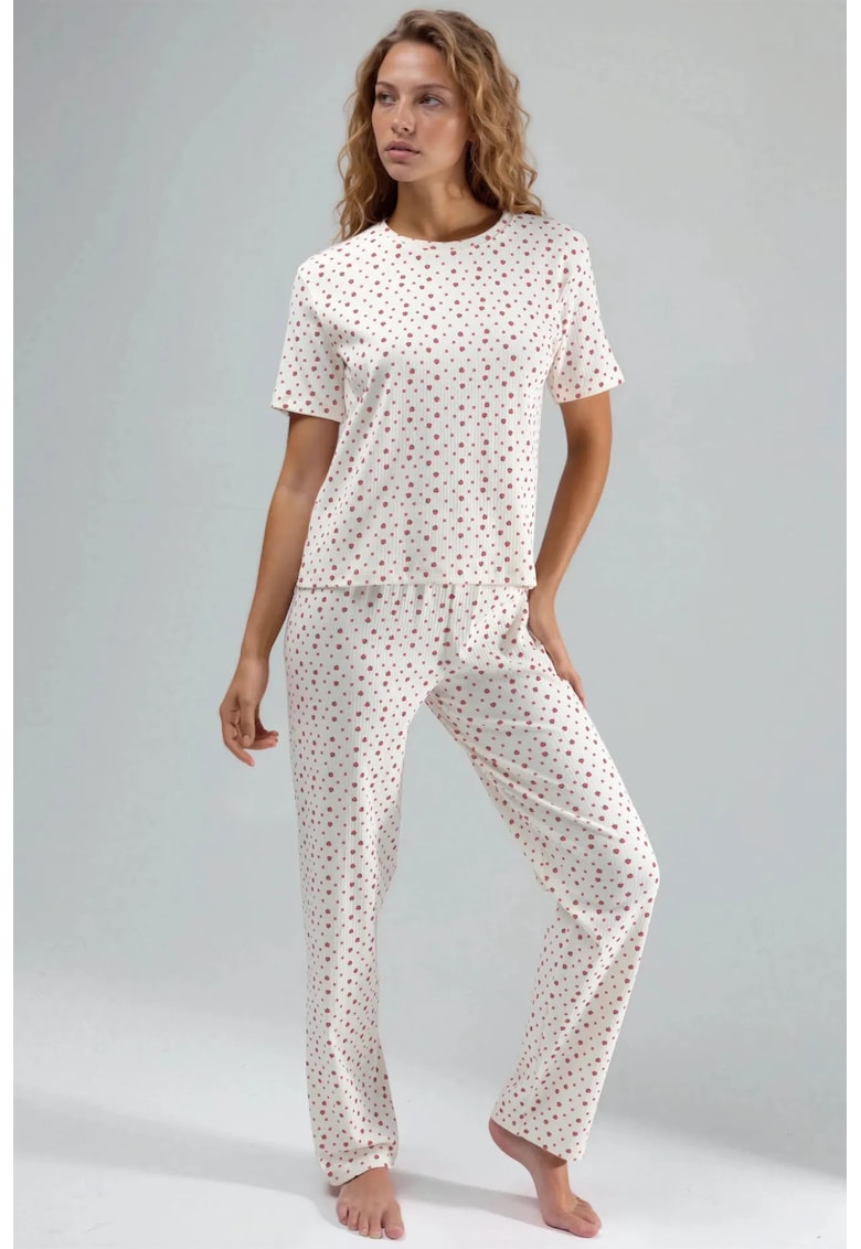 Set pijamale Colectia Ellie - maneca scurta - 100% bumbac - alb rosu - jerseu