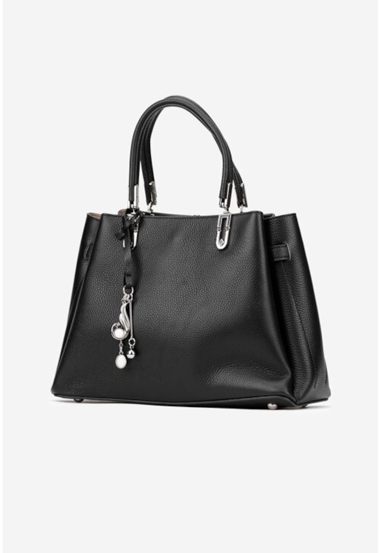 Geanta dama din piele texturata neagra cu ornament