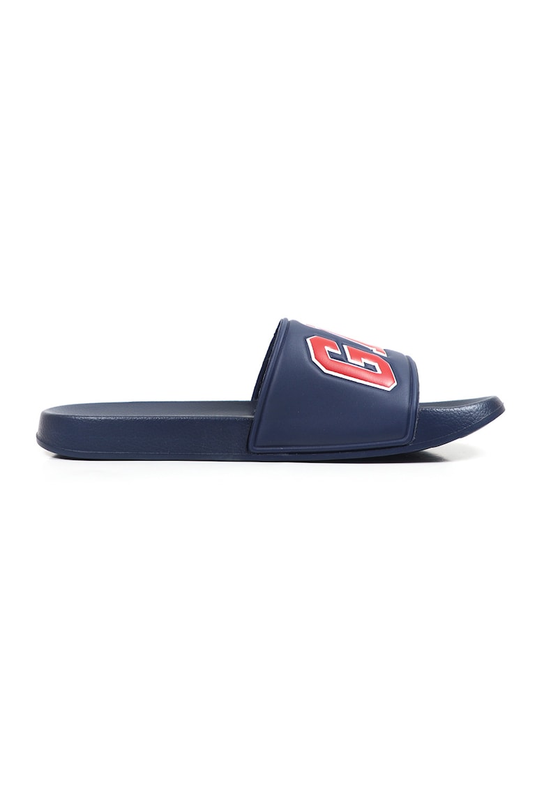 Papuci de piele ecologica cu logo - Rosu/Alb/Bleumarin