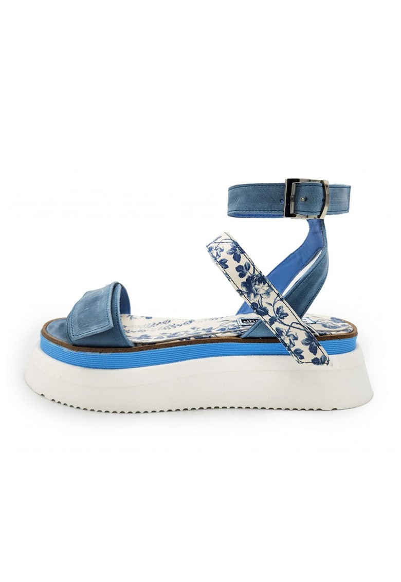 Sandale de piele cu garnituri florale - Albastru pastel/Alb fildes