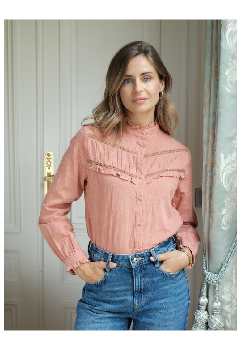 Camasa somon din bumbac cu broderie 4880T M9 19655 - Roz somon