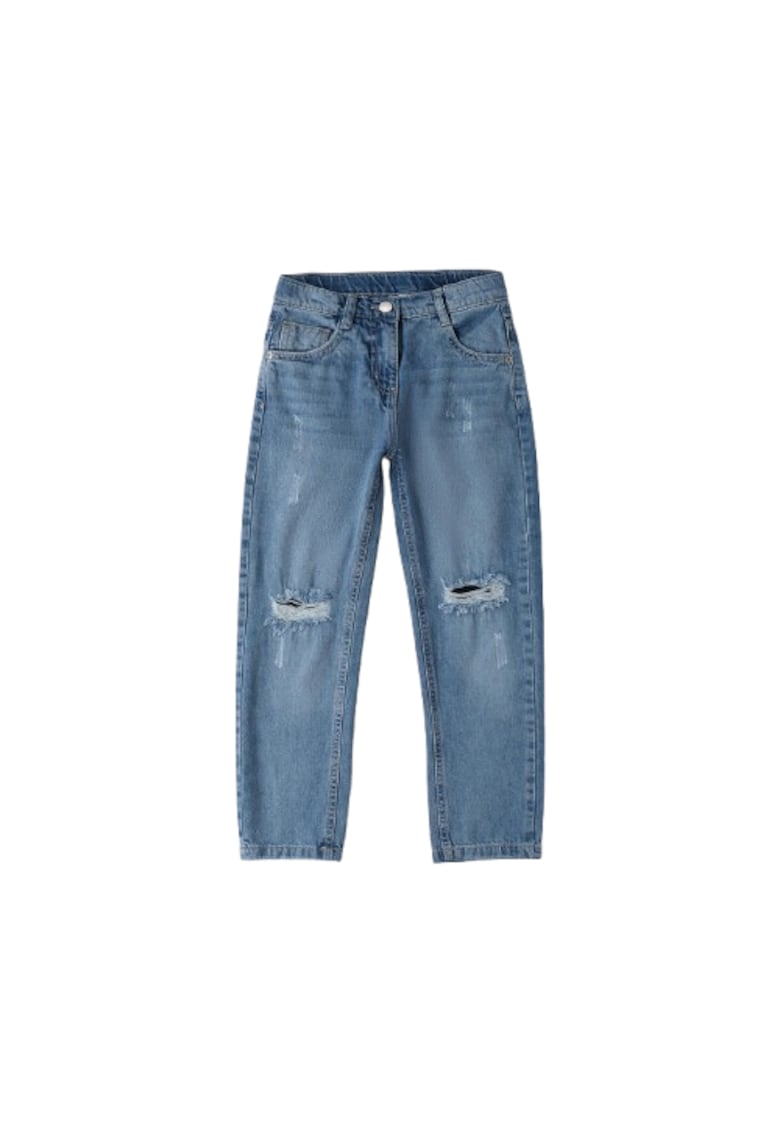 Blugi fete din denim 100% bumbac model cu rupturi si croiala dreapta Albastru deschis