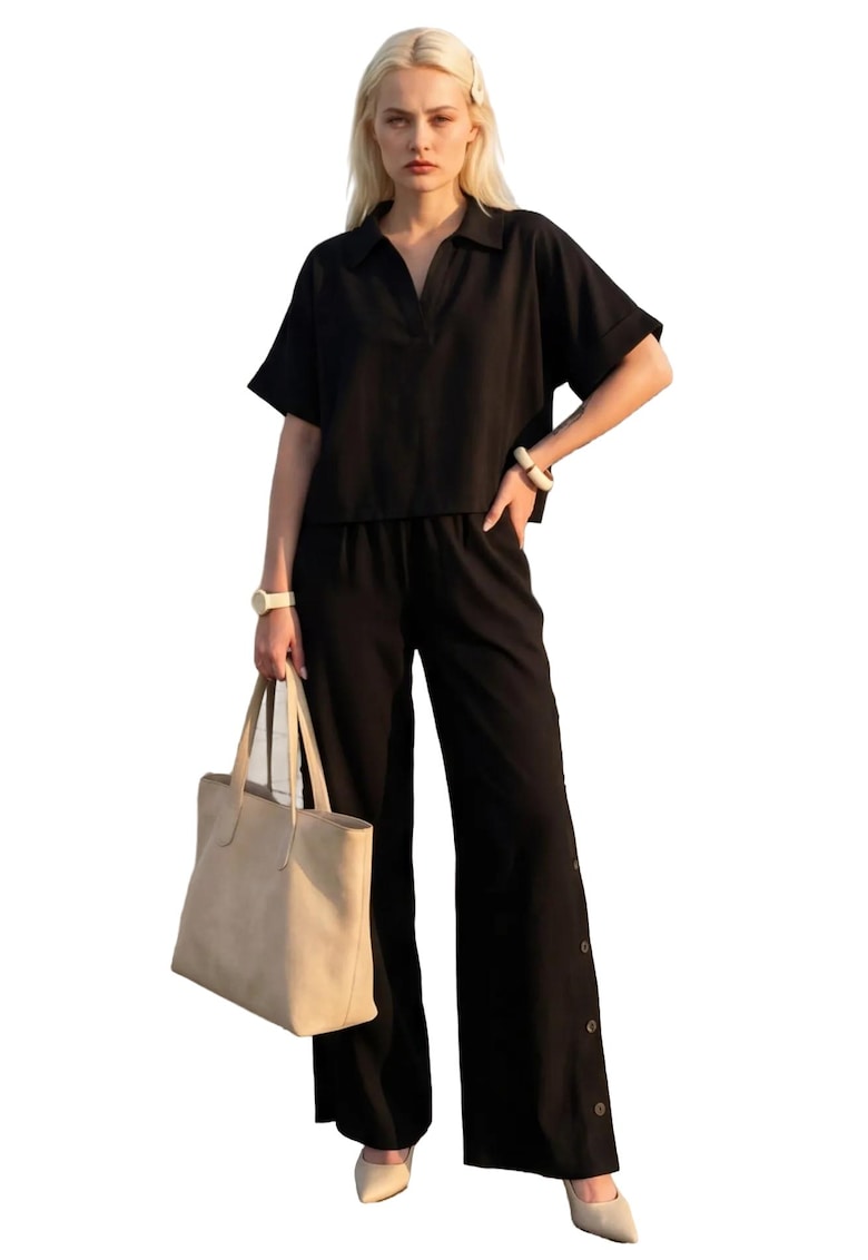 Compleu din doua piese - bluza cu maneca scurta - pantaloni cu picior larg - negru - textil
