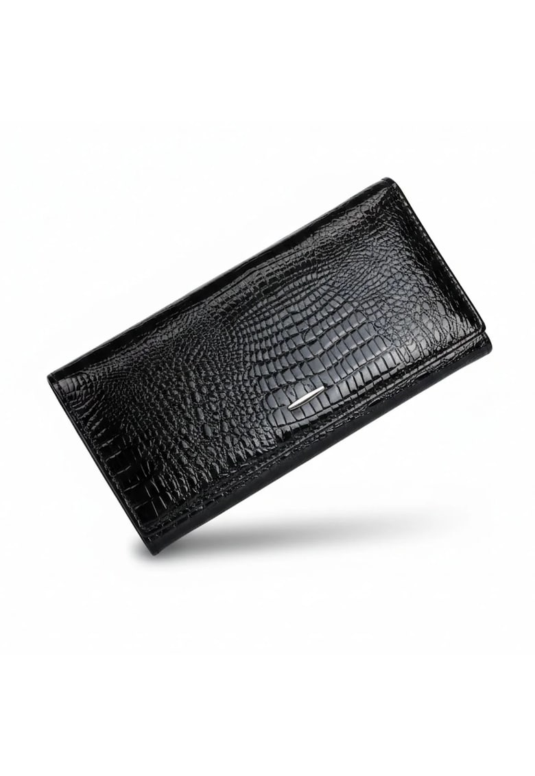Portofel dama piele naturala lacuita - Negru - 18 -5 X 3 -5 X 9 -5 cm