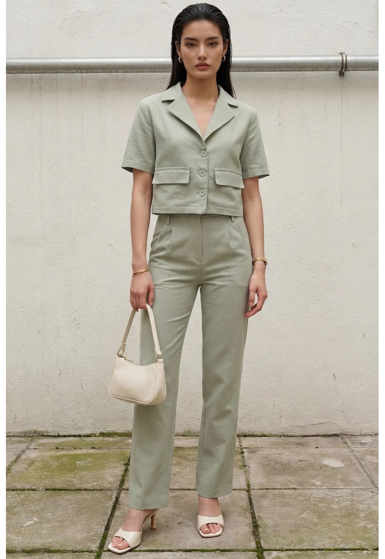 Costum dama - din doua piese - talie inalta - verde - poliester