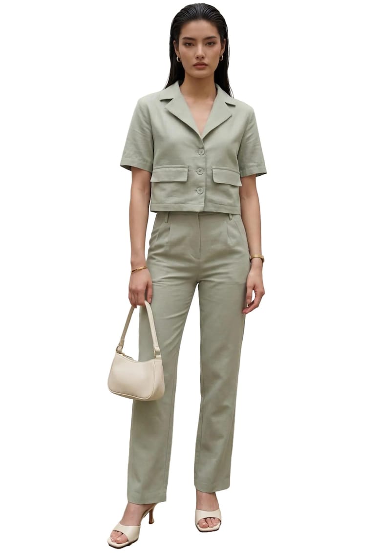 Compleu dama - talie inalta - guler tip jacheta - verde salvie - textil