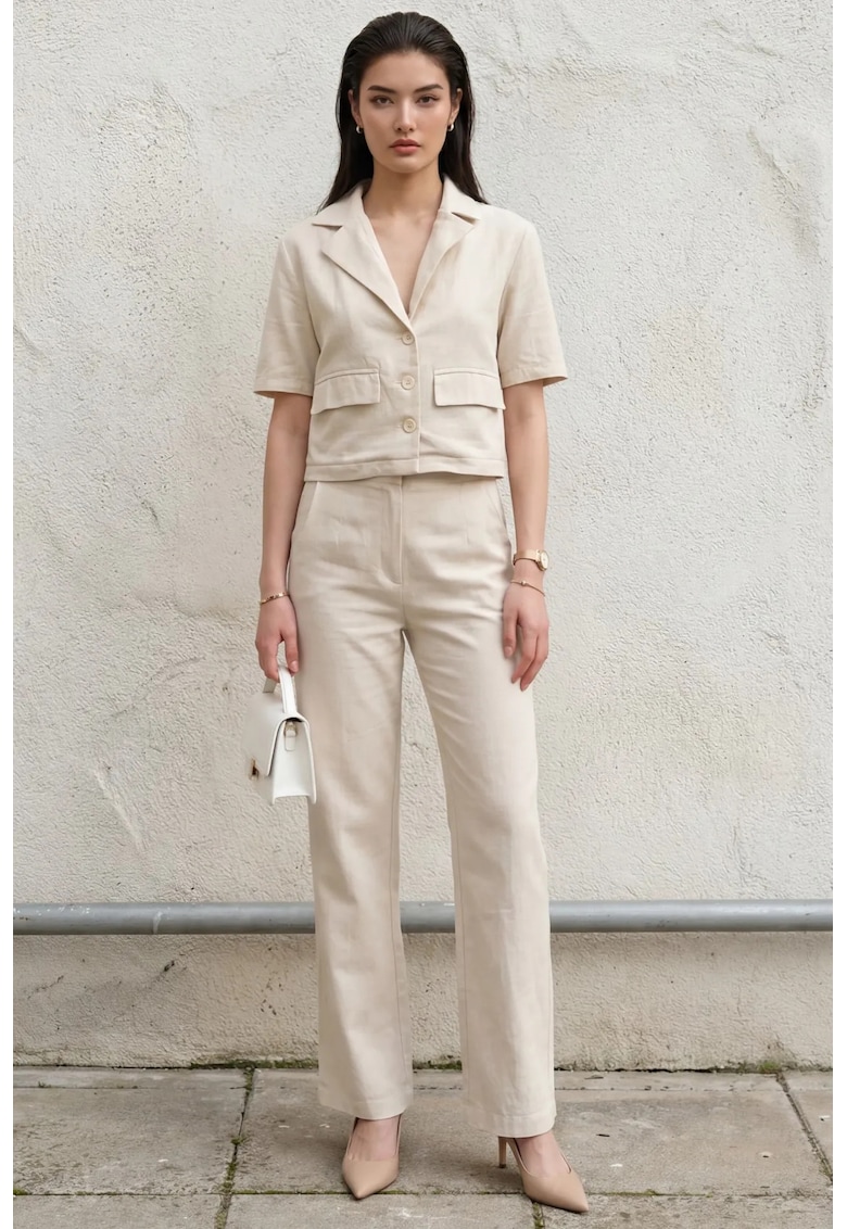 Costum dama - doua piese - talie inalta - bej - poliester|viscoza|elastan -