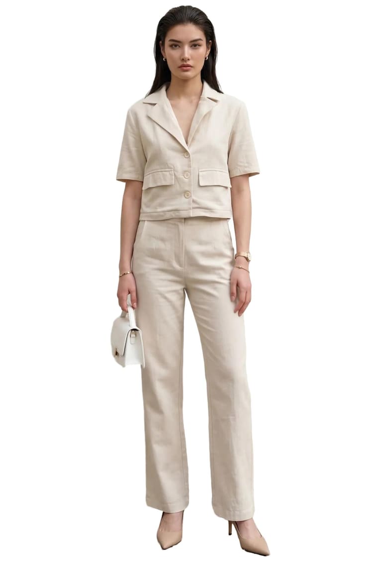 Costum dama - doua piese - talie inalta - bej natural - textil