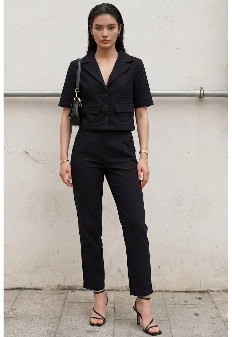 Set Compleu MY FASHION - camasa cu detaliu buzunar si pantaloni - negru - textil