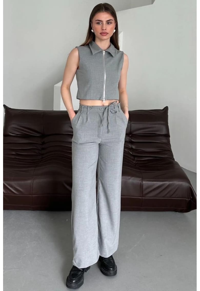 Compleu din doua piese - vesta fara maneci cu fermoar - pantaloni largi - gri - textil