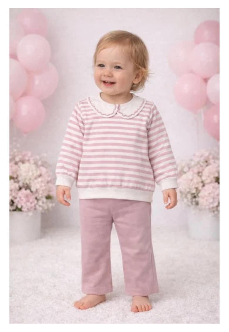Set cu dungi bymurat cu bluza in dungi si pantaloni bej comozi - Mov
