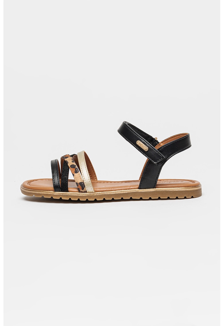 Sandale din piele ecologica cu barete multiple - Negru/Maro nisip