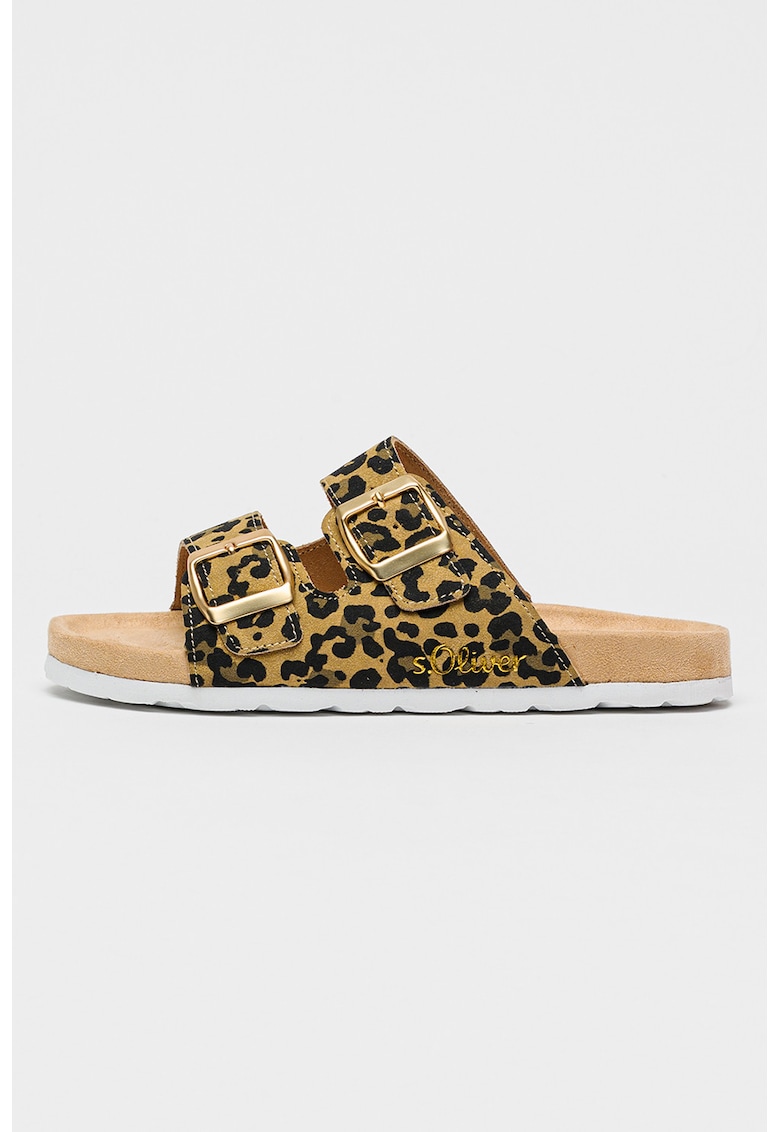 Papuci cu catarama si animal print - Negru/Maro camel