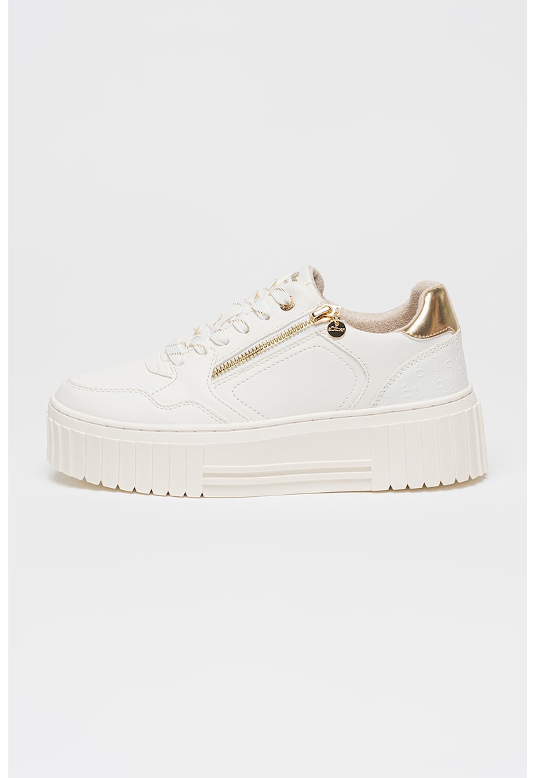 Pantofi sport din piele ecologica cu talpa flatform si detaliu cu fermoar - Alb/Auriu