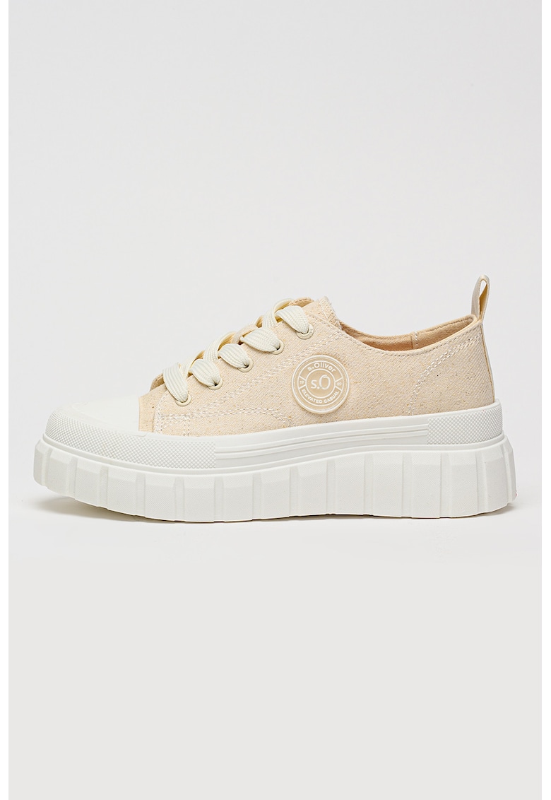 Tenisi flatform din material textil cu aplicatie logo - Alb/Bej deschis
