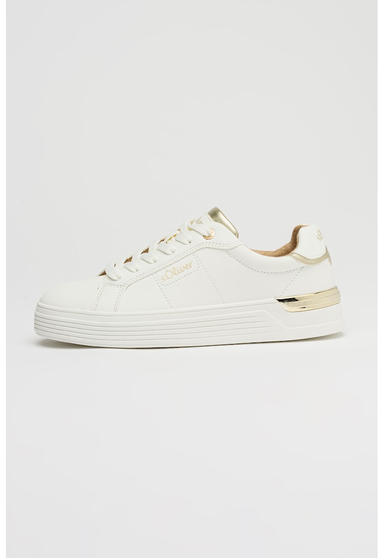 Pantofi sport low-cut din piele ecologica cu logo - Alb optic/Auriu deschis