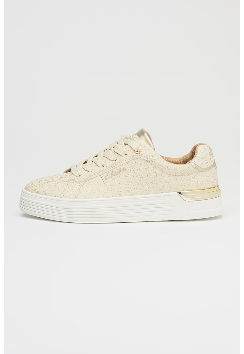 Pantofi sport low-cut din piele ecologica cu logo - Alb fildes/Auriu deschis