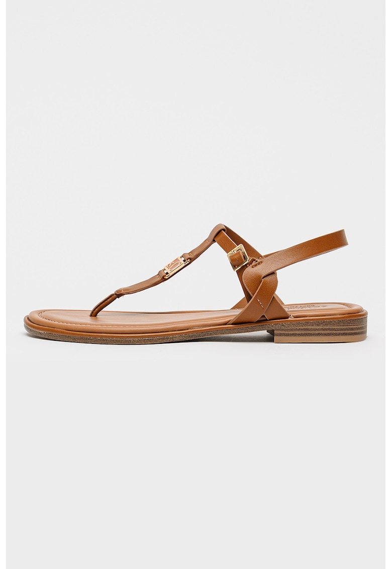 Sandale din piele ecologica cu bareta in forma de T - Caramel