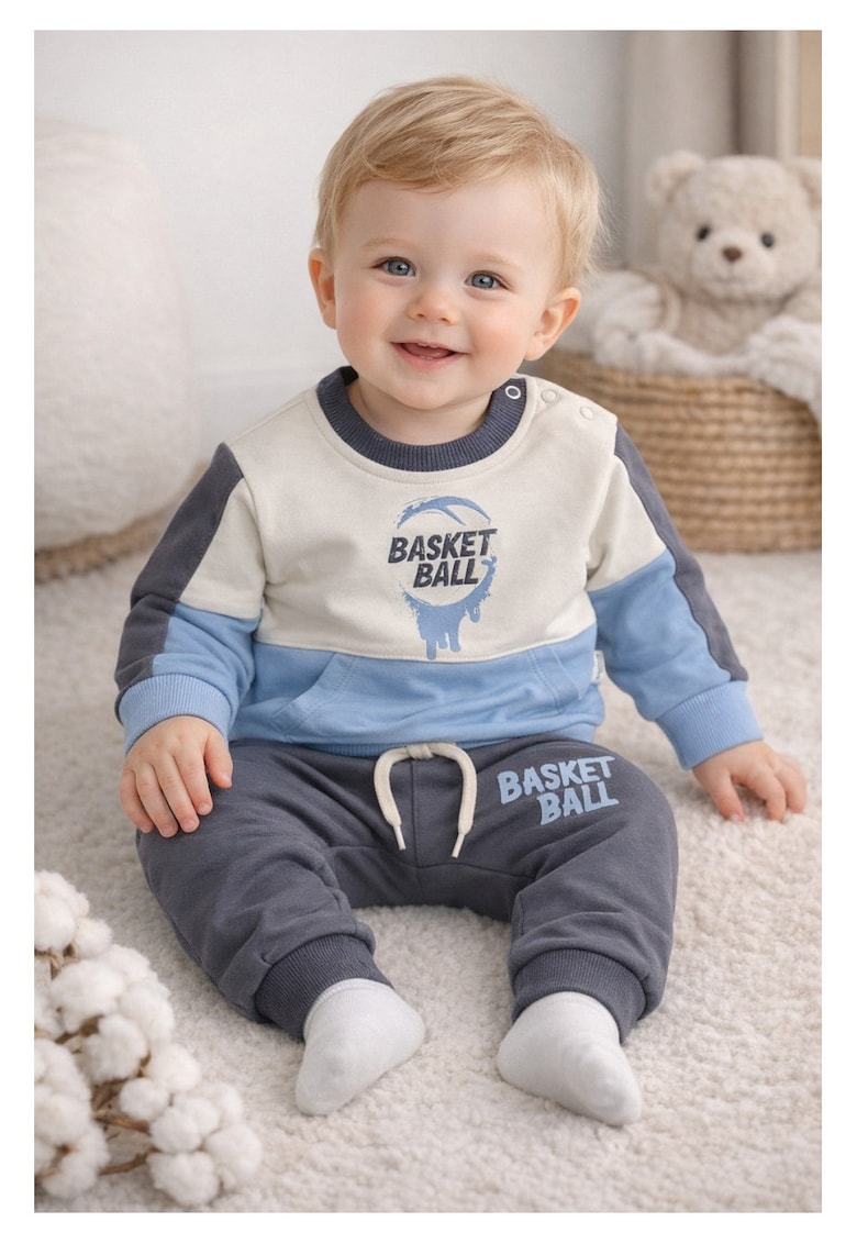 Set trening bebe baieti 2 piese bumbac compleu sport basket ball albastru gri