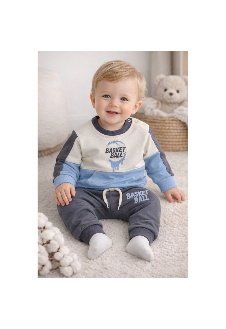 Set trening bebe baieti 2 piese bumbac compleu sport basket ball albastru gri