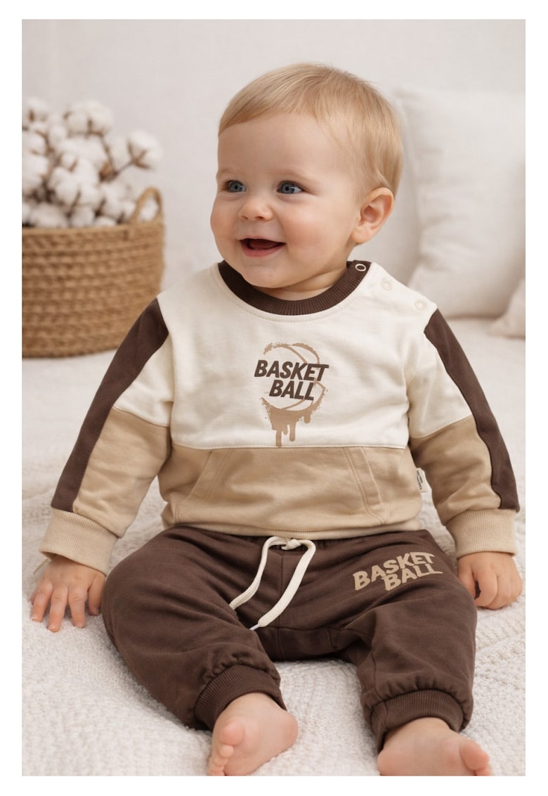 Set trening bebe baieti 2 piese bumbac basket ball maro crem casual sport