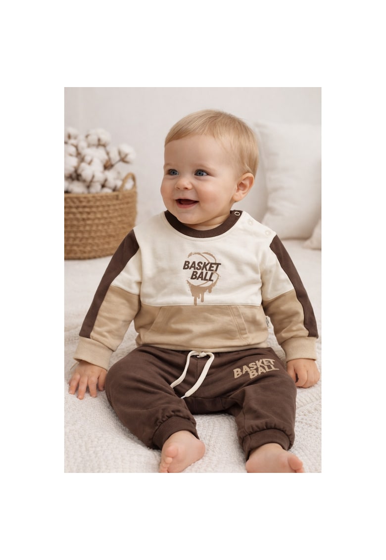 Set trening bebe baieti 2 piese bumbac basket ball maro crem casual sport