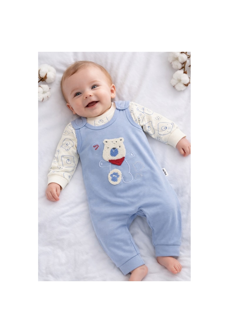 Set bebe baieti 2 piese salopeta albastra si bluza ursulet bumbac