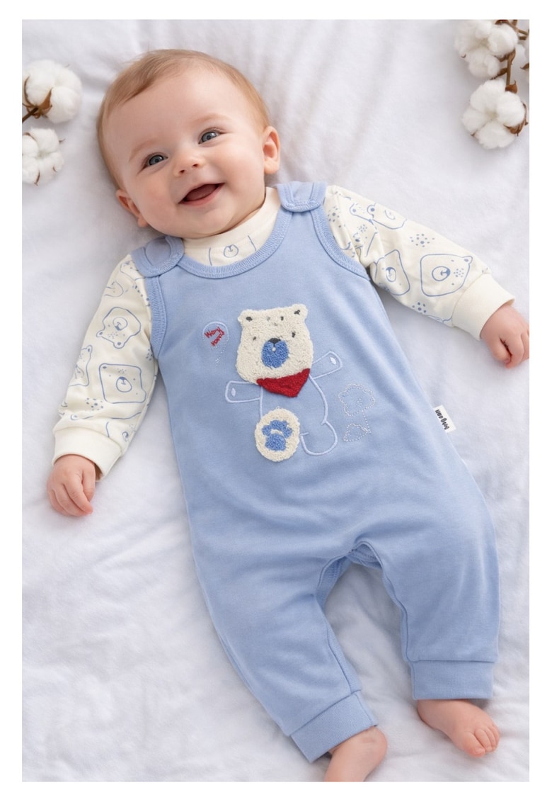 Set bebe baieti 2 piese salopeta albastra si bluza ursulet bumbac