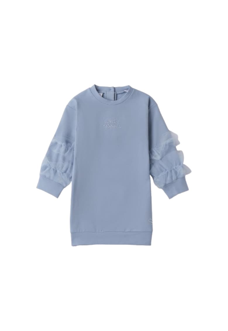 Rochie fete din bumbac cu maneci din tulle si broderie - Albastru deschis