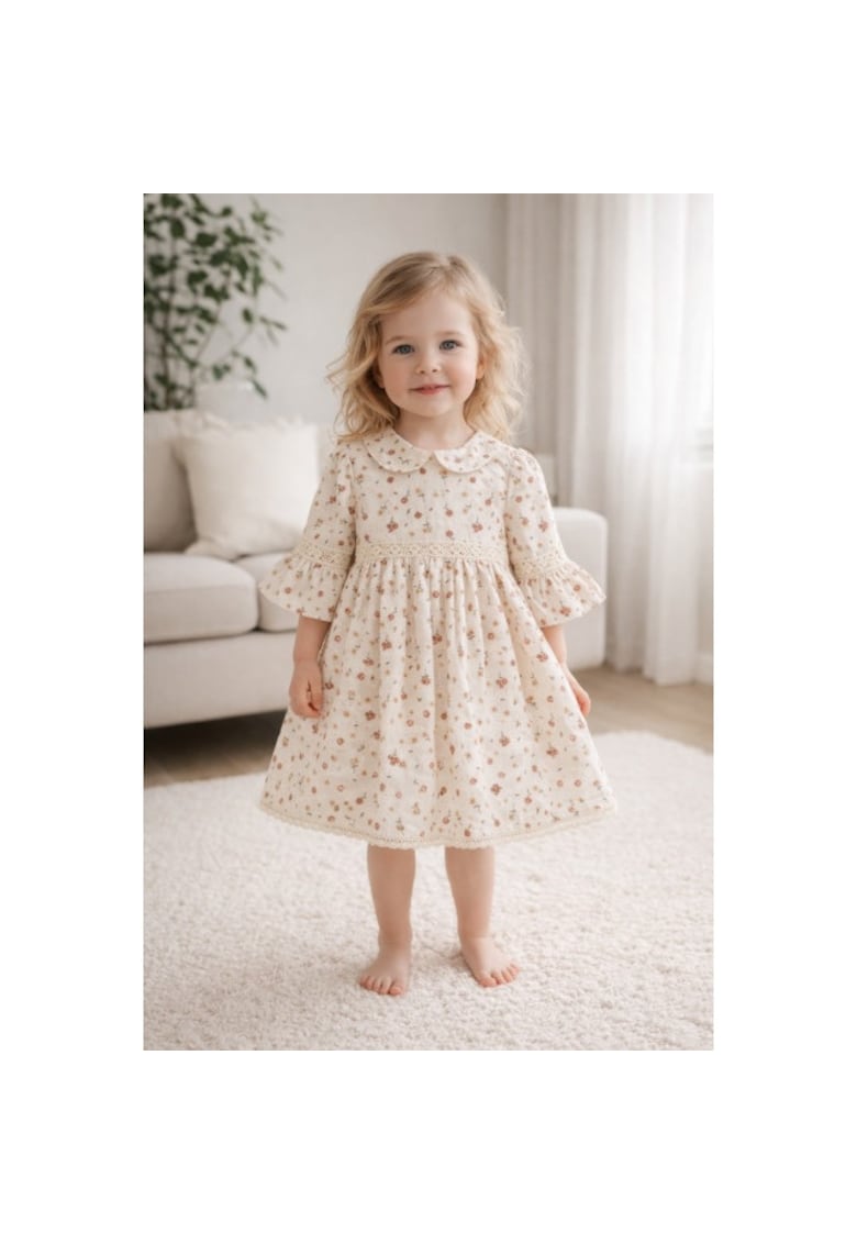 Rochita fetita eleganta cu imprimeu floral guler rotund si maneci evazate