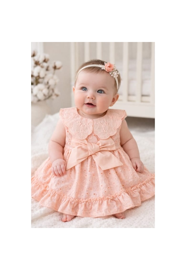 Rochita fetita roz broderie eleganta cu fundita design premium bebelusi copii