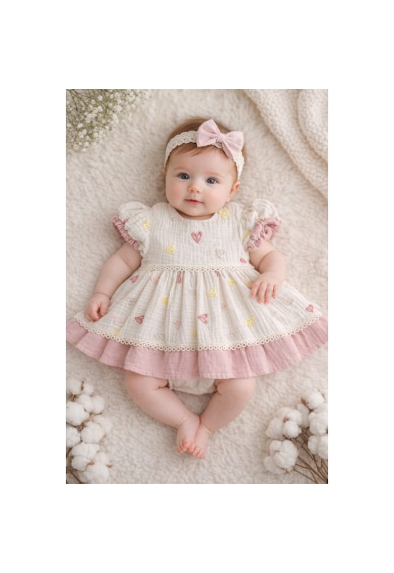 Rochita fetita bumbac ivoire roz inimioare maneca scurta eleganta bebelusi