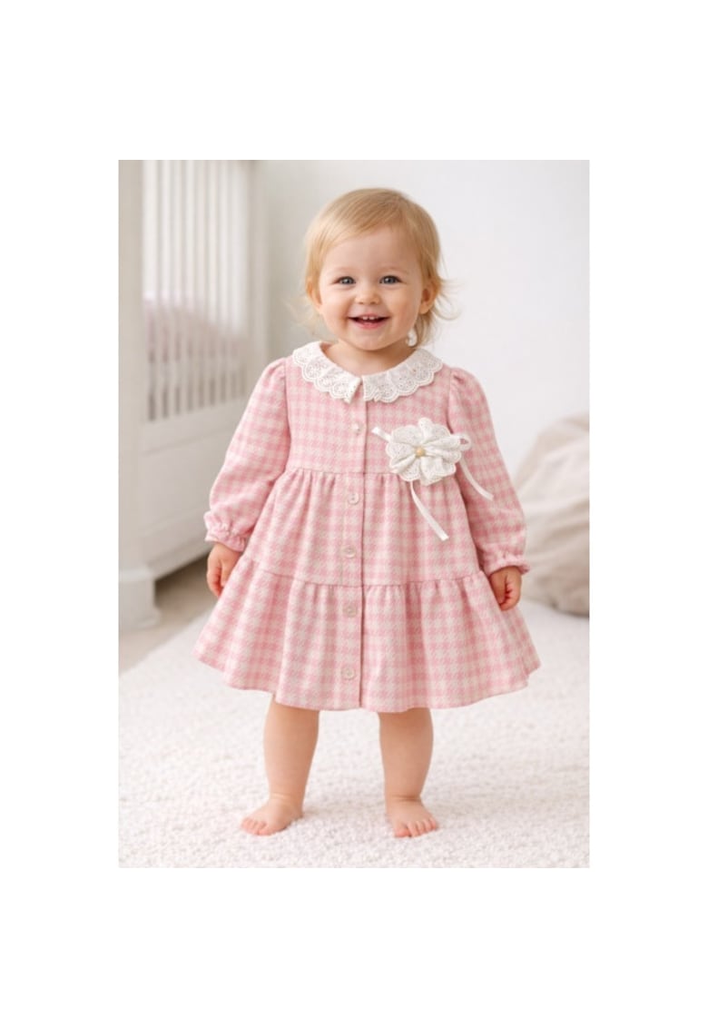 Rochita bebe fetita roz eleganta cu guler dantela si floare decorativa
