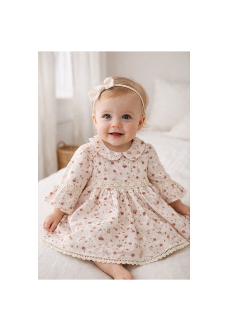 Rochita bebe fetita eleganta cu imprimeu floral guler rotund si dantela delicata