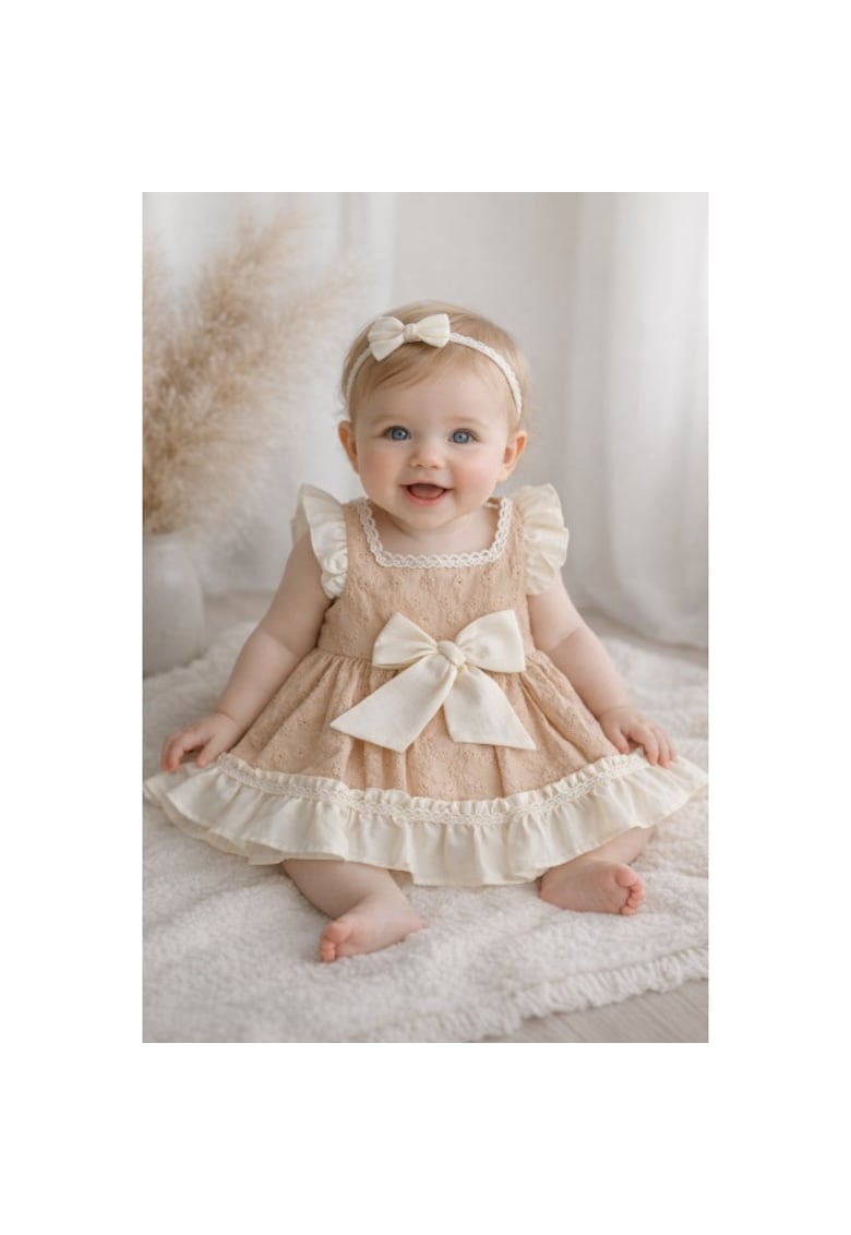 Rochita fetita bej crem eleganta cu fundita broderie premium bebelusi copii