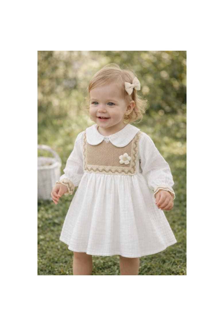 Rochita bebe fetita alba eleganta cu guler clasic dantela si design vintage premium