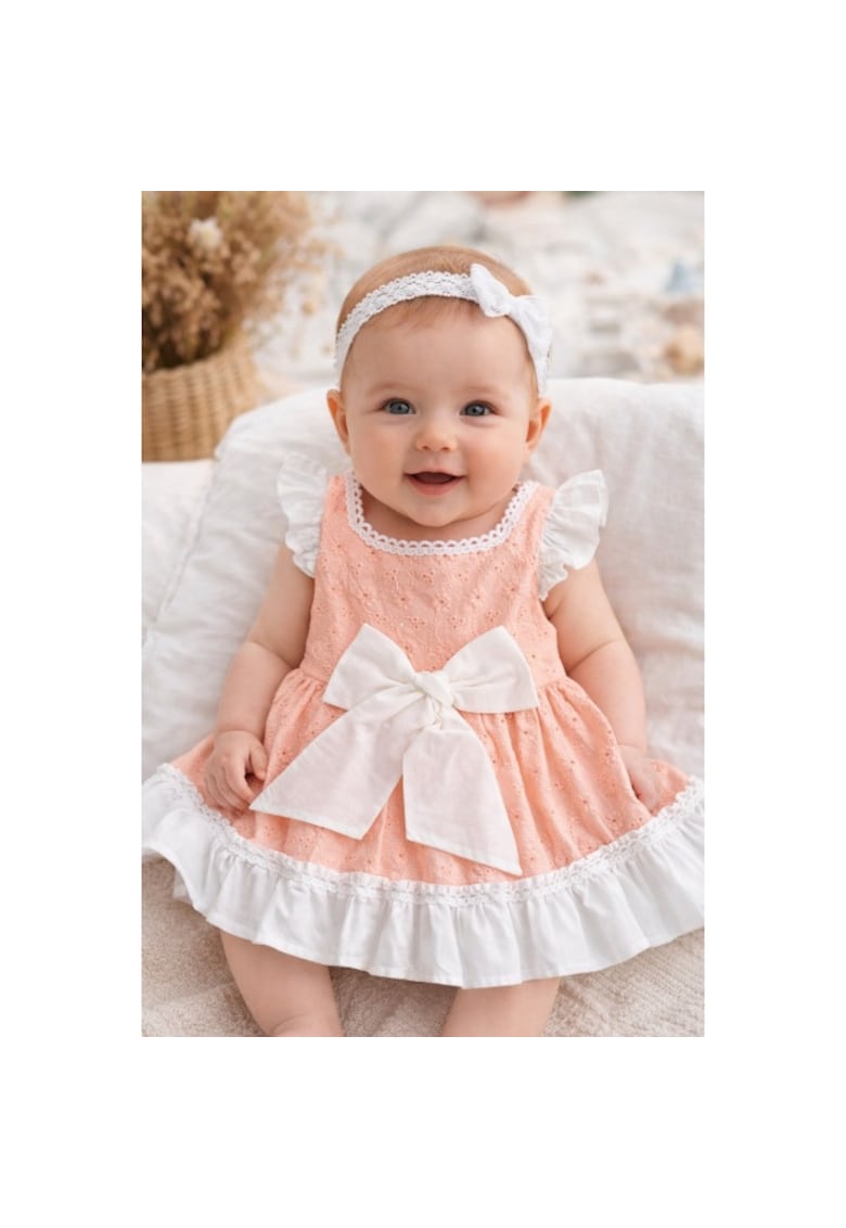 Rochita fetita somon alb eleganta cu fundita broderie dantela premium bebelusi copii