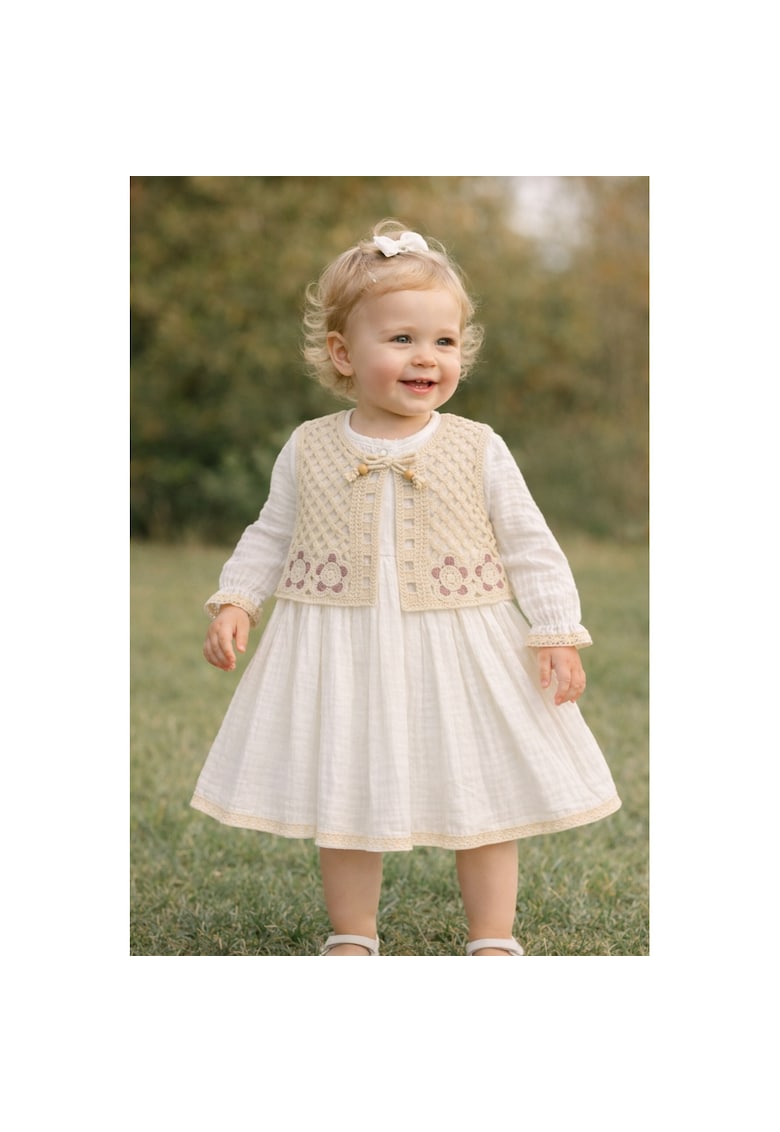 Rochie fetita alba din muselina eleganta cu vesta tricotata stil boho