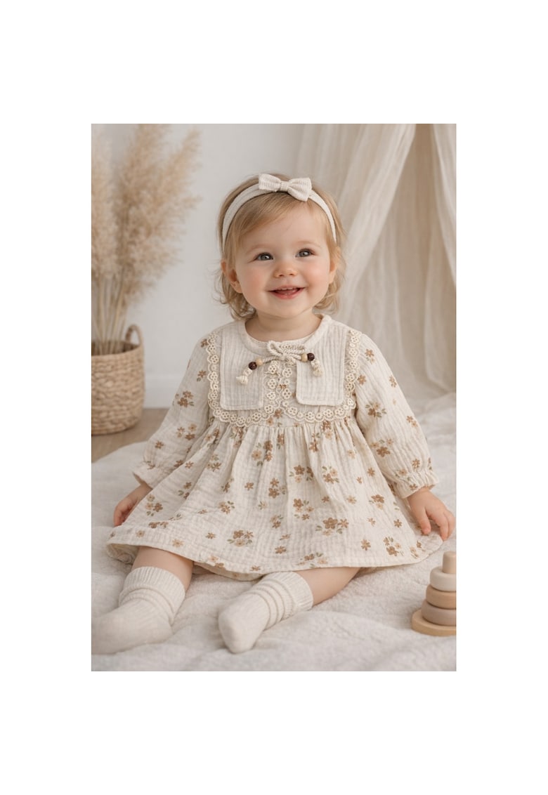 Rochie muselina fetita bej cu flori maro dantela stil vintage boho elegant