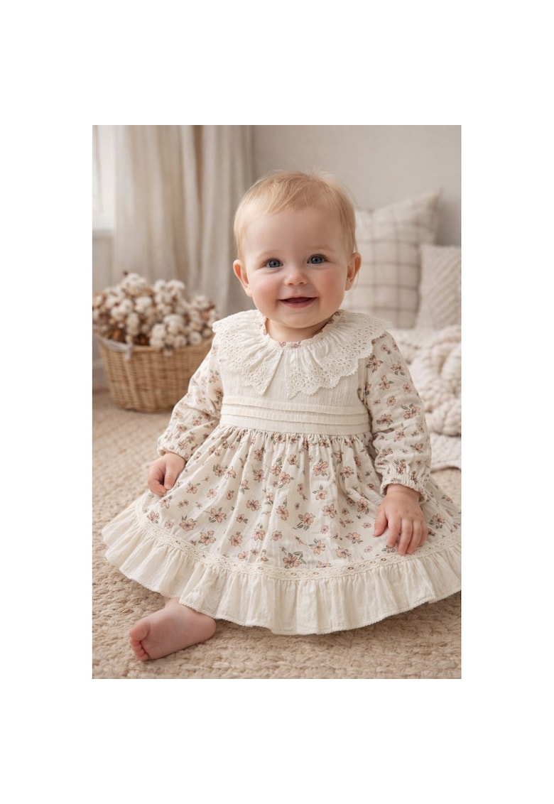 Rochie fetita crem cu flori roz guler dantela eleganta botez evenimente