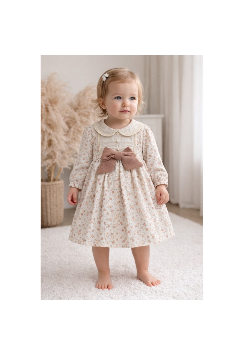 Rochie fetita crem floral cu funda maro eleganta vintage botez aniversari