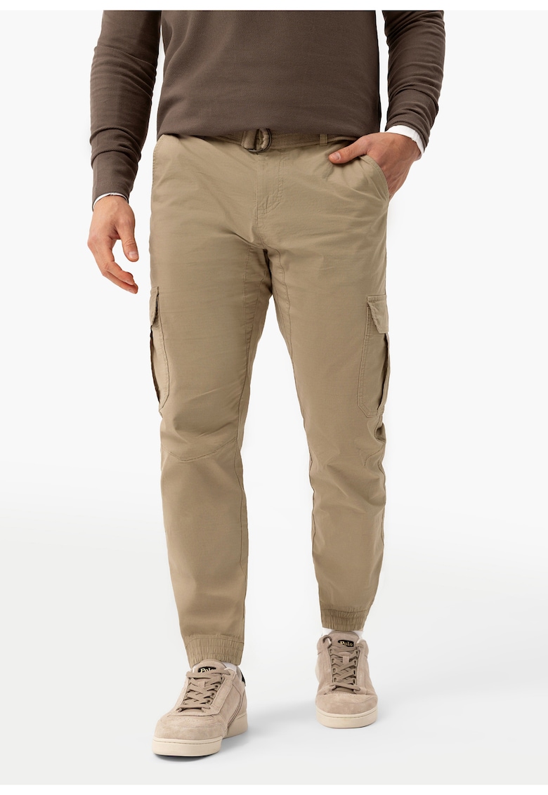 Pantaloni cargo conici din bumbac cu cordon in talie - buzunare laterale cu clapa - regular fit - R-Forn - bej - Bej