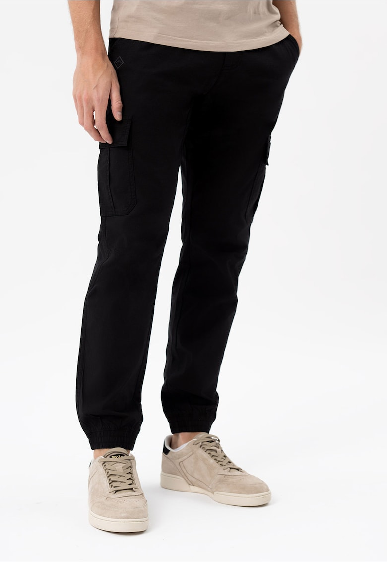 Pantaloni cargo conici din bumbac cu cordon in talie - buzunare laterale - cu clapa - regular fit - R-Forn - negru - Negru