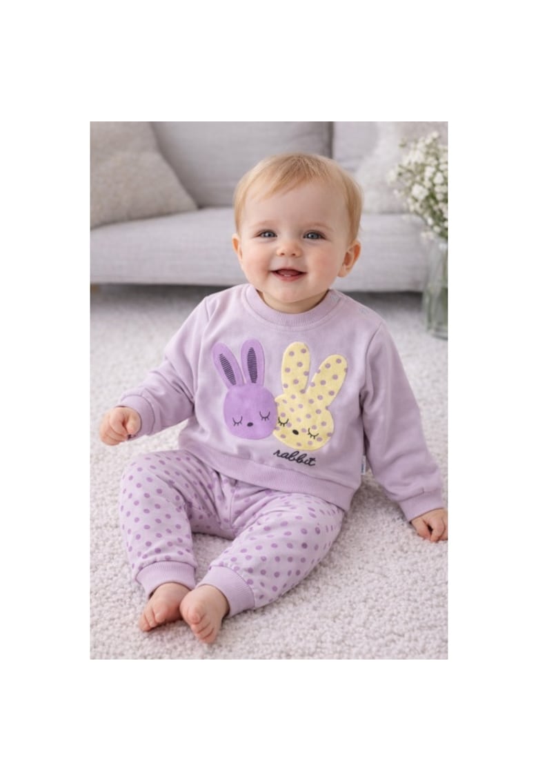 Set bebe fetita 2 piese lila cu iepurasi bluza maneca lunga pantaloni bumbac