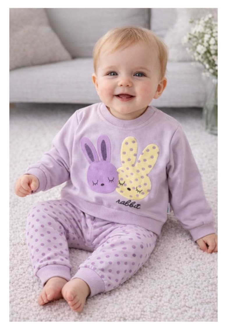 Set bebe fetita 2 piese lila cu iepurasi bluza maneca lunga pantaloni bumbac