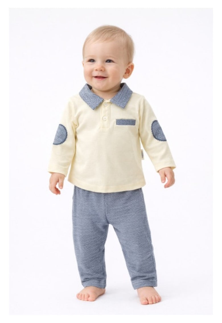 Set bebe baiat 2 piese crem cu guler tip camasa bluza maneca lunga pantaloni bumbac