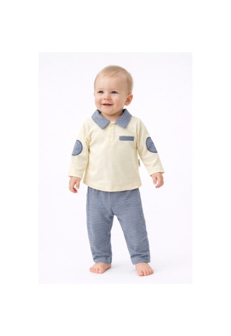 Set bebe baiat 2 piese crem cu guler tip camasa bluza maneca lunga pantaloni bumbac